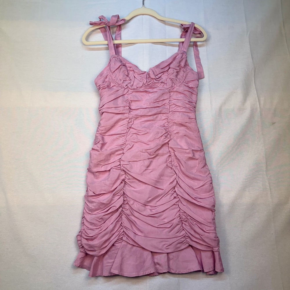 ASTR The Label Pink Lilac Ruched Tie Shoulder Mini Dress ACDR100853B Small